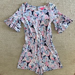 Lilly Pulitzer navy blue and pink “lula” romper sz small. Perfect condition